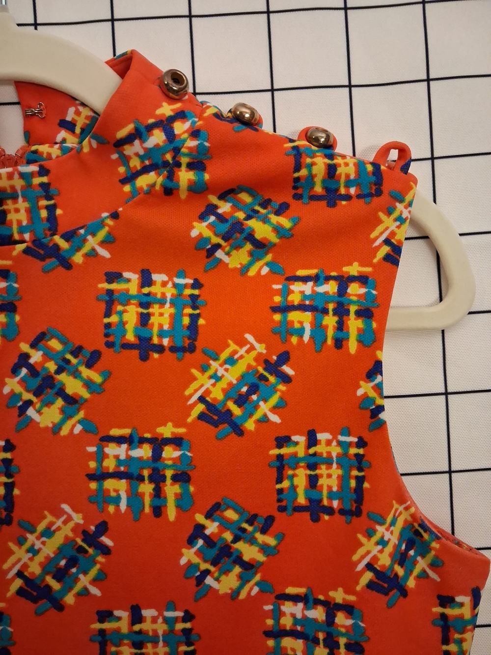 Vintage 60s Sleeveless Mod Shift Dress Orange With Blue And Yellow Accent - Picture 2 of 6